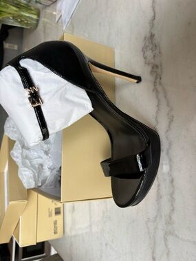 Michael Kors Black Patent Leather Stiletto Sandals with Gold Buckle